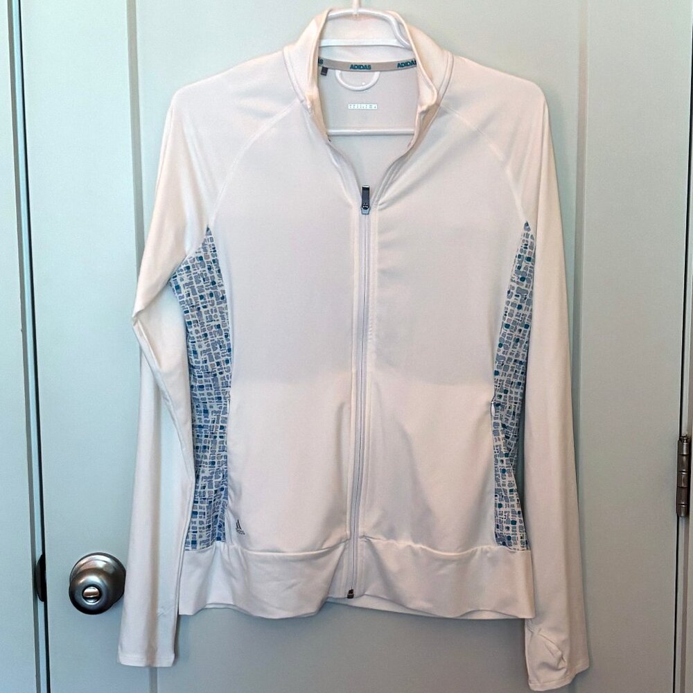 Like New! Adidas Women's Golf Zip Front Jacket, White/Blue Pebble, Medium